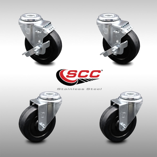 4 Inch SS Soft Rubber Wheel Swivel Bolt Hole Caster Set with 2 Brake SCC